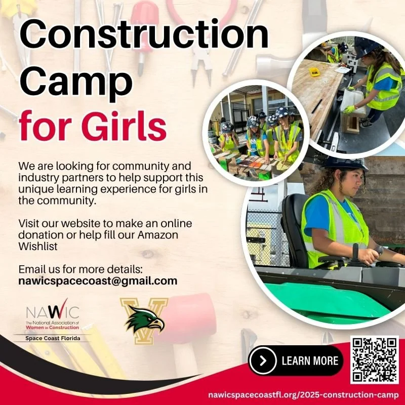 Flyer for a girls' construction camp, featuring images of young girls in safety vests and helmets working on construction activities, with contact information and logos of the project.