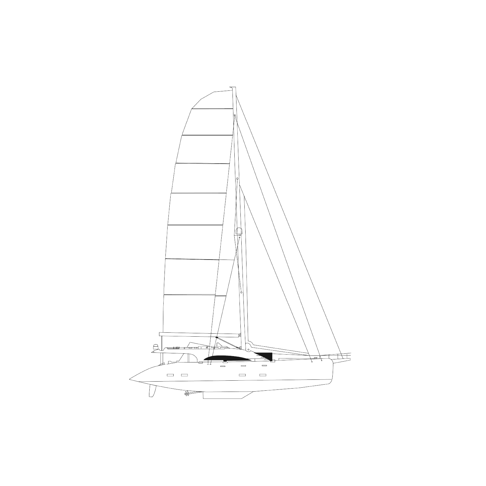 Line drawing of a sailboat, showing side profile with sails, hull, and rudder. LYFE AT SEA