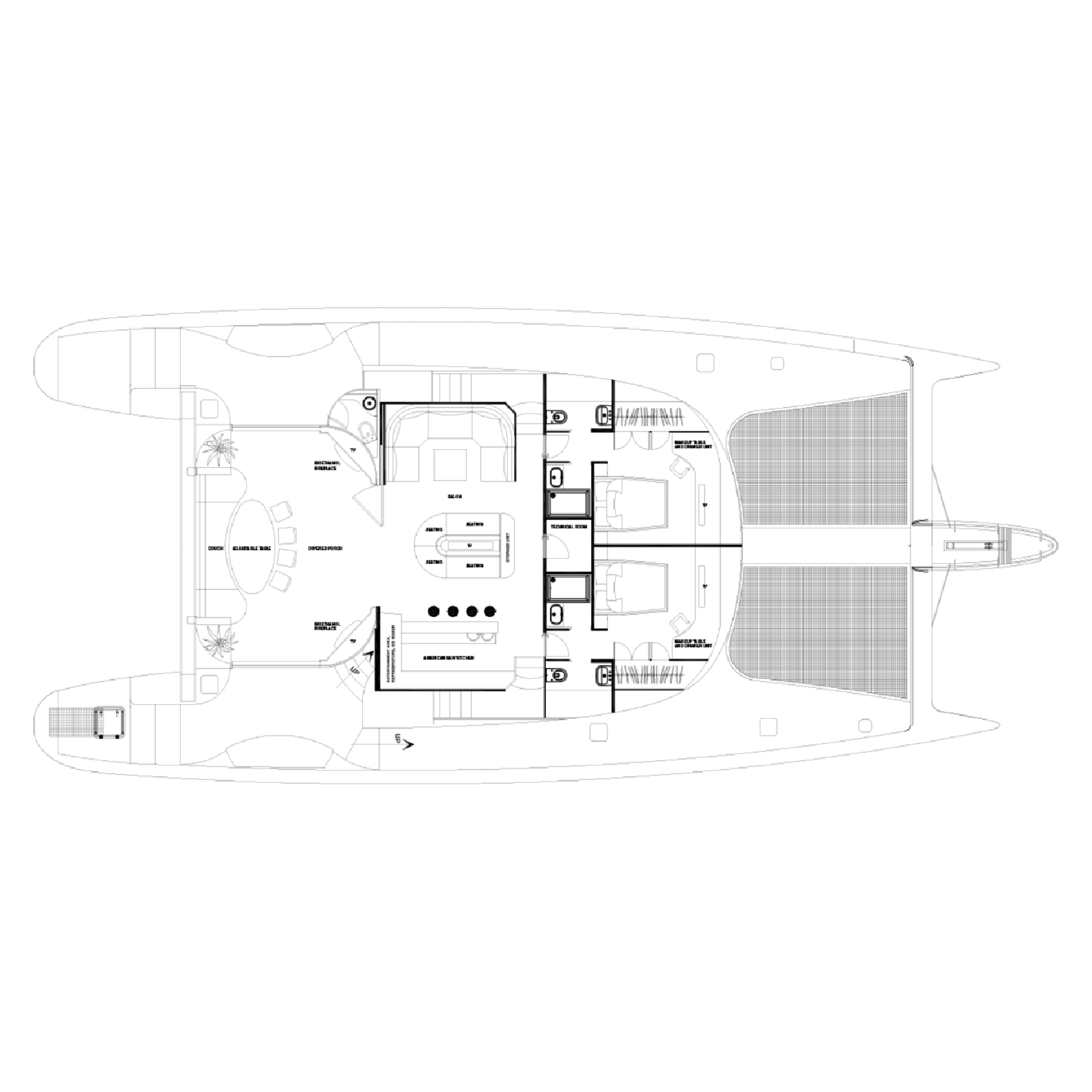 Top-down architectural blueprint of a yacht, detailing interior rooms, outdoor decks, and layout. LYFE AT SEA
