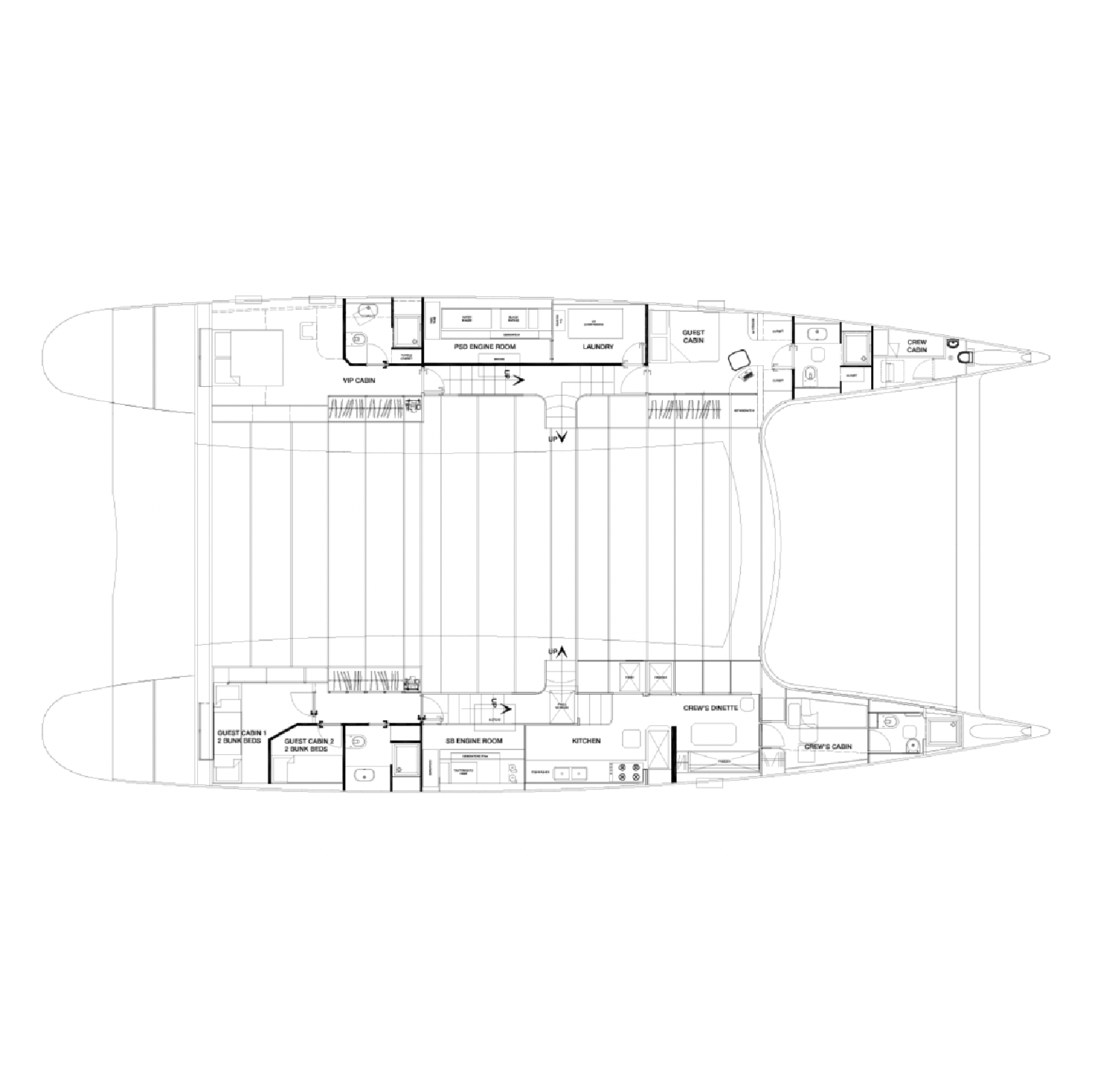 Floor plan of a vessel showing various cabins, engine rooms, laundry, kitchen, and crew areas. LYFE AT SEA