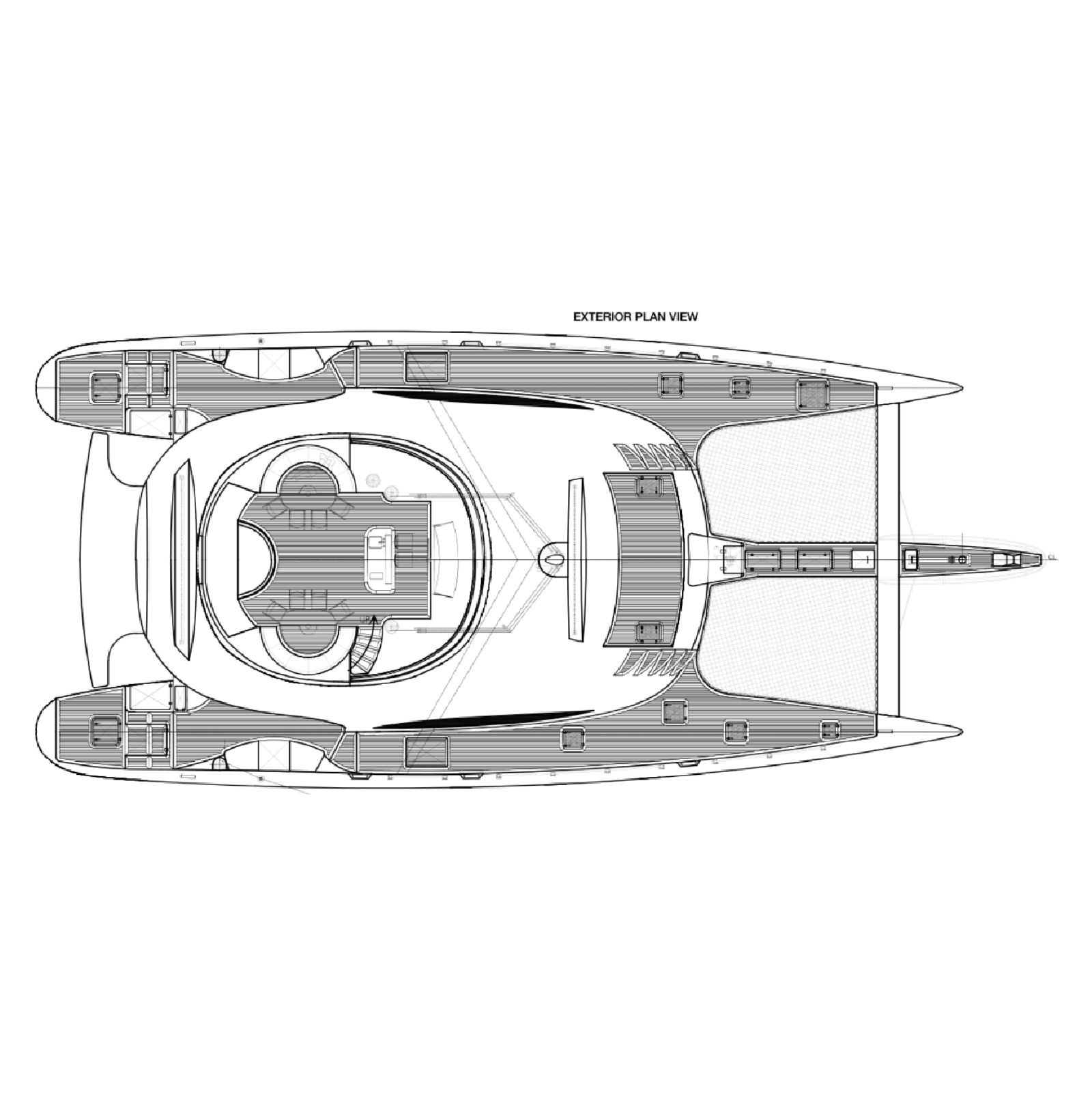 Top view blueprint of a large yacht with detailed interior layout and exterior plan view label. LYFE AT SEA