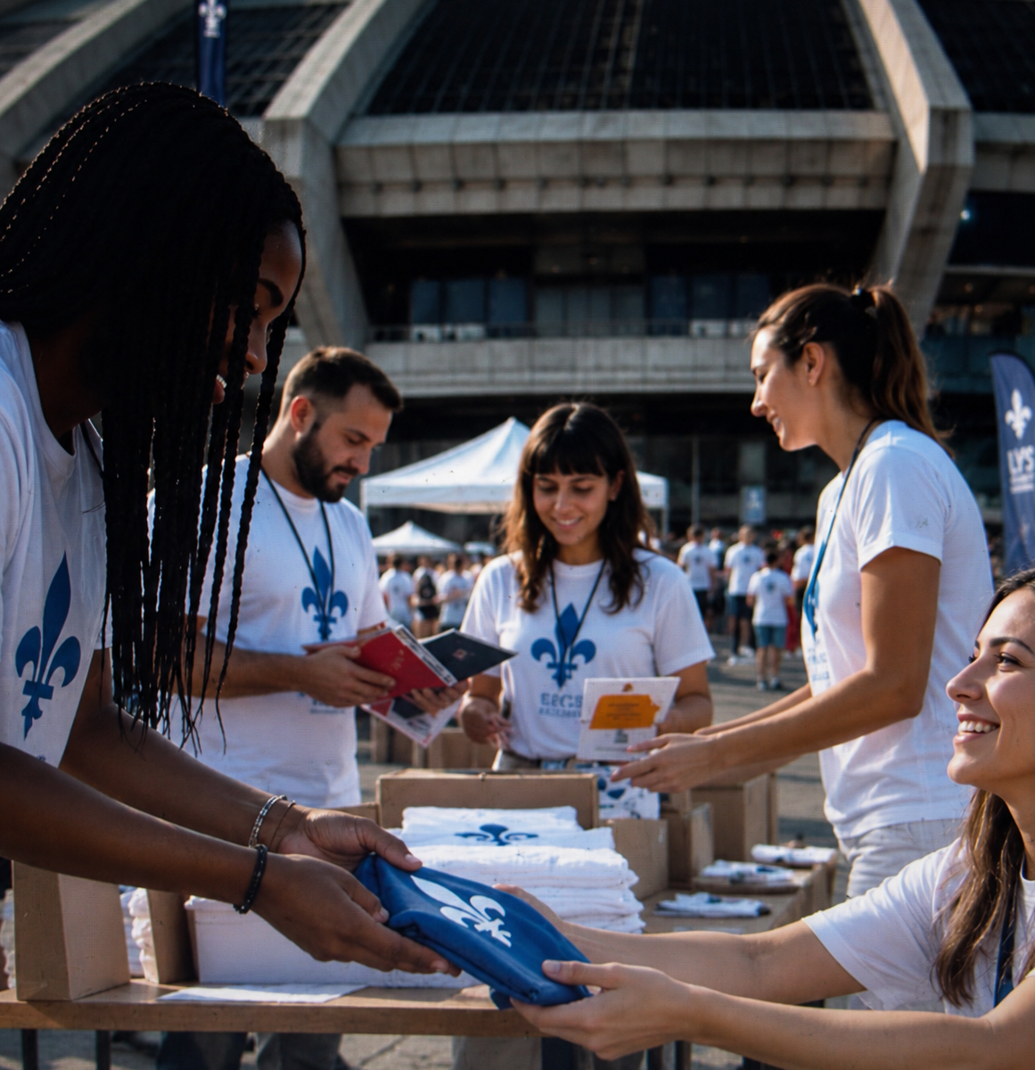 Groupe de jeunes portant des T-shirts avec un logo de fleur de lys, échangeant des objets lors d'un événement en plein air devant un bâtiment moderne