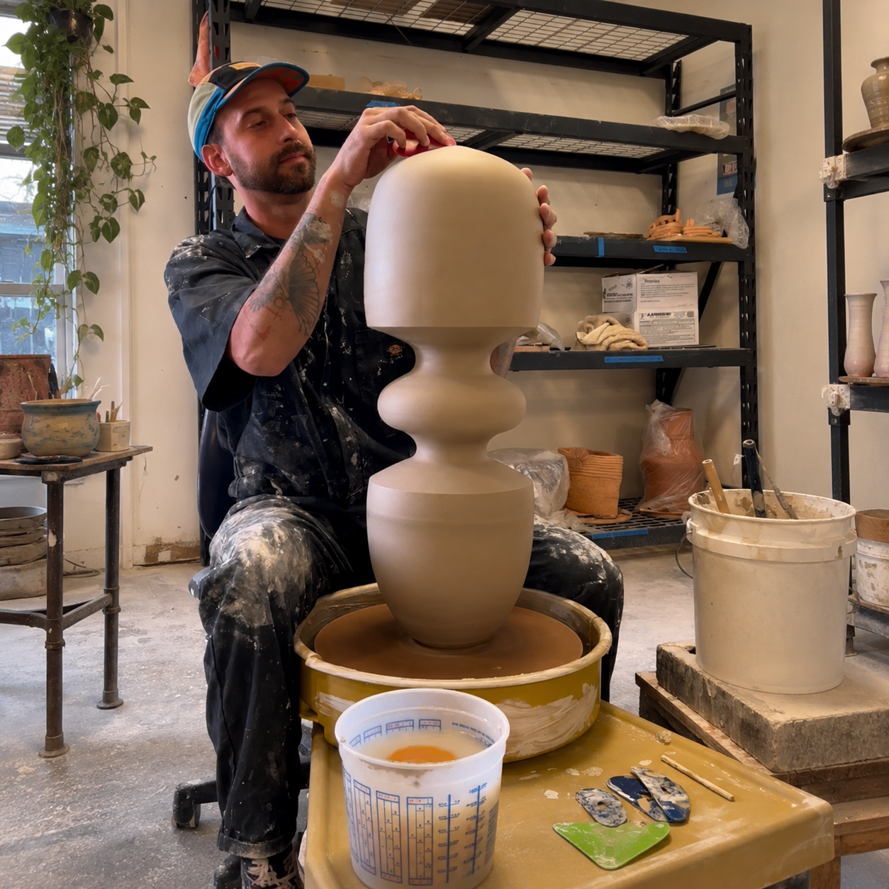 A man with tattoos and a cap, dressed in black clothes splattered with paint, is shaping a large ceramic sculpture on a pottery wheel in a studio. Shelves with various ceramic items and supplies are in the background, and a window with natural light is on the side.
