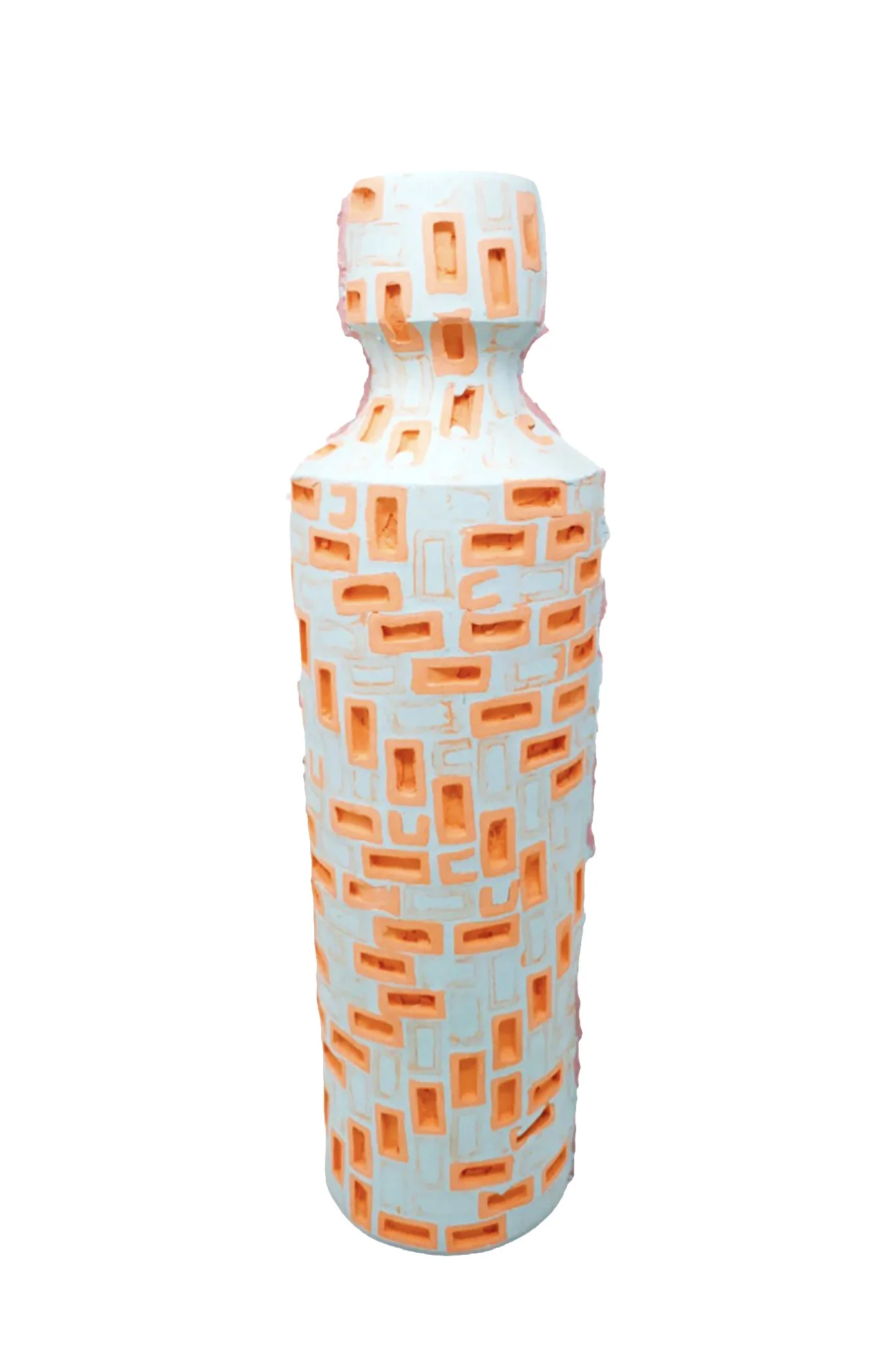 A tall decorative ceramic vase with a white base color and a pattern of rectangular cut-outs outlined in orange.