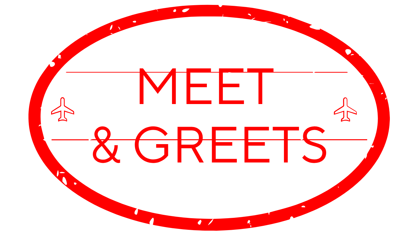 Red oval sign with the words 'Meet & Greets' in red, surrounded by two small airplane icons and horizontal lines.