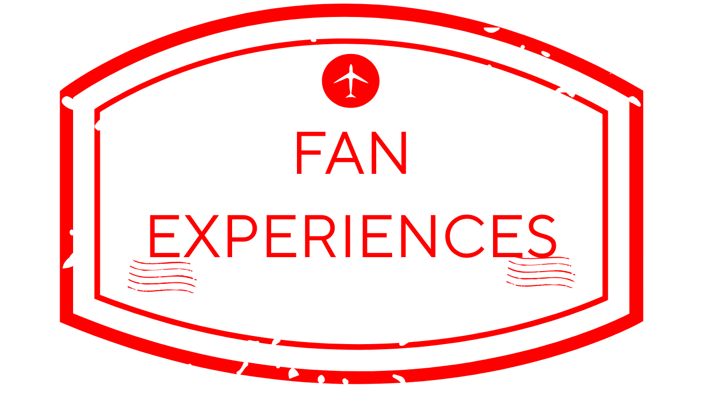 A sign with a black background and a red border that reads 'Fan Experiences' with a small airplane icon above and waves at the bottom.