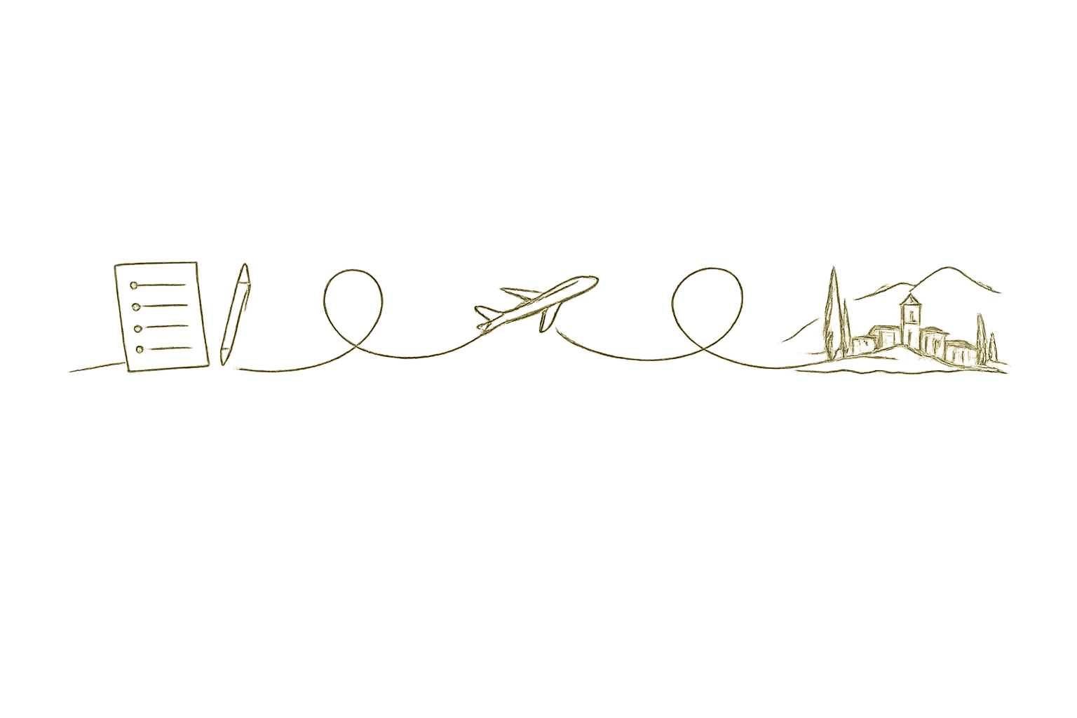 Line drawing of a checklist, an airplane, and a city skyline connected by a continuous line on a black background.