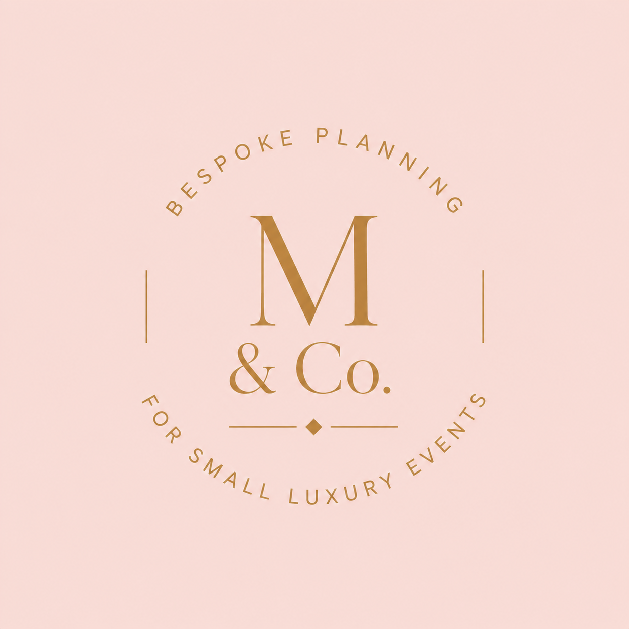 Logo with text reading 'Bespoke Planning M & Co. for small luxury events' on a light pink background.