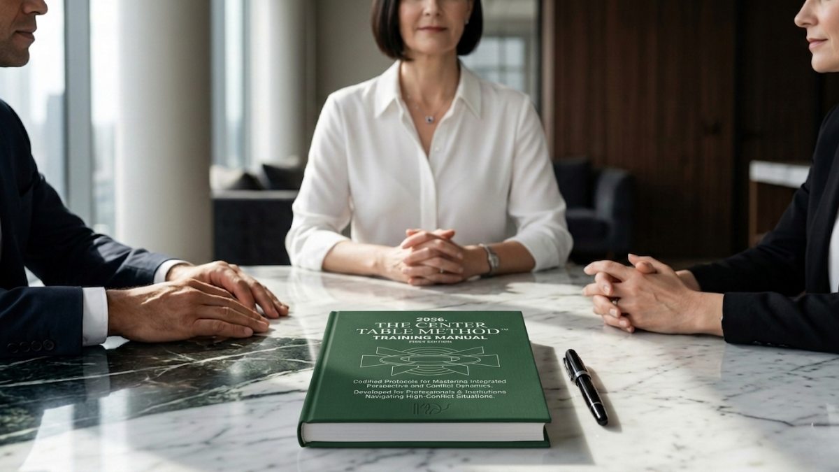 Three people sitting at a marble table, with a coaching manual and pen on the table, in a business meeting.