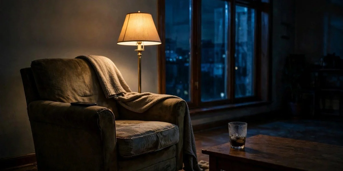 Empty armchair with one lamp on late at night