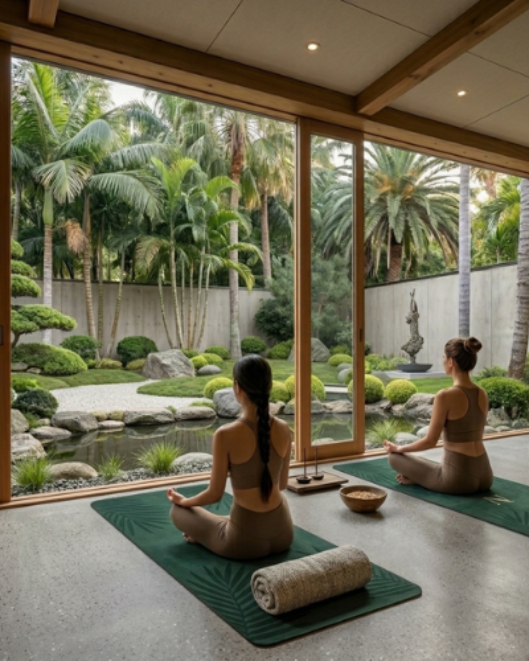 Two women practicing yoga in a serene indoor space with large glass windows overlooking a lush tropical garden with palm trees and rocks.