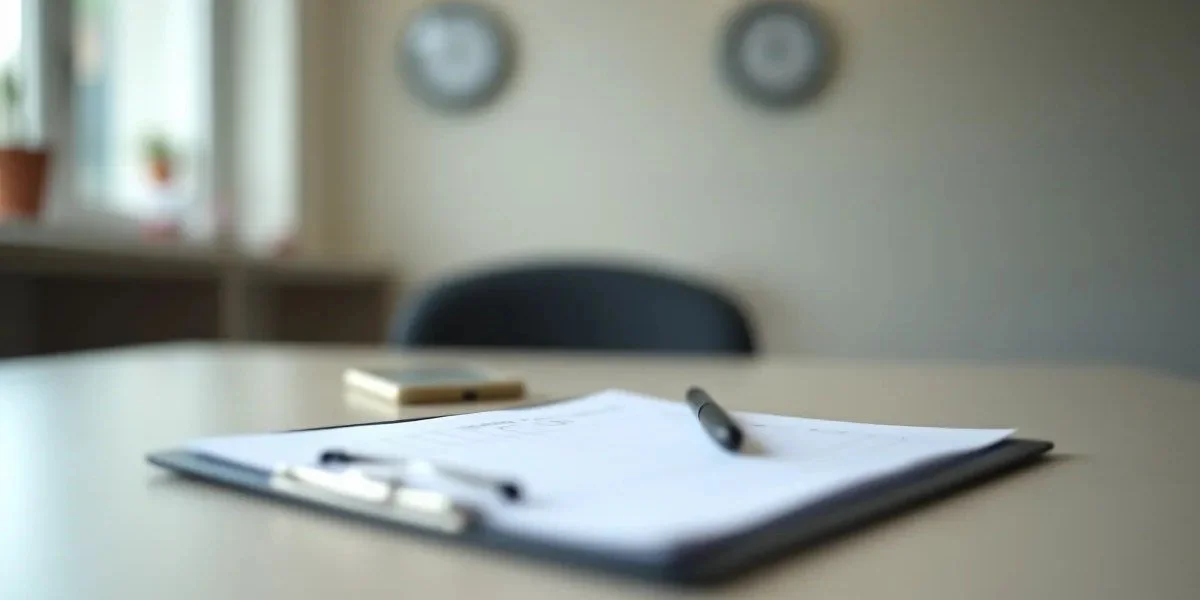 A clipboard holding a blank attendance log on a desk beside a wall clock. Caption underneath the image: Supervision reports record attendance and behaviour, not whether someone is a good parent.