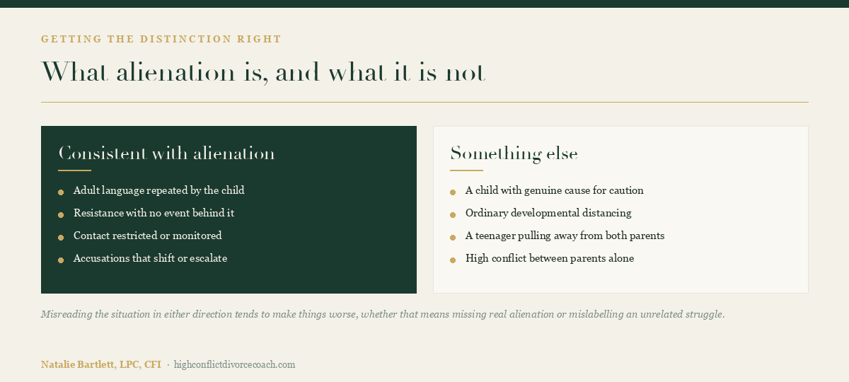 Chart comparing what is consistent with parental alienation against ordinary causes such as developmental distancing