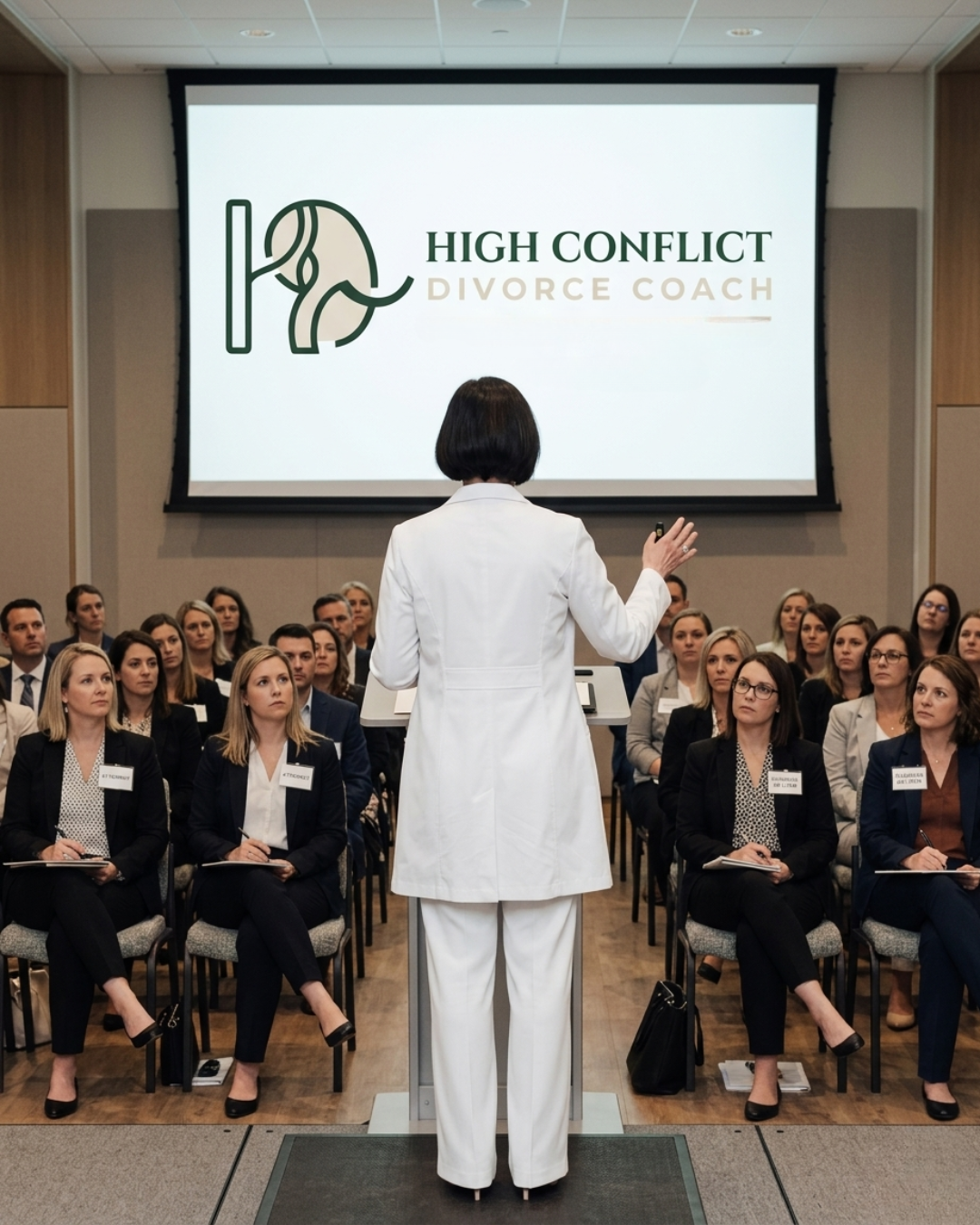 A woman in a white suit giving a presentation to a large audience in a conference room. The screen behind her displays a logo with an elephant and text "High Conflict Divorce Coach."