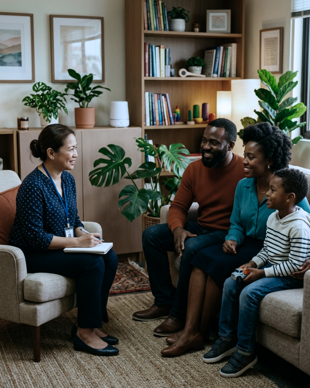 Therapist talking with a family in a cozy, plant-filled living room.