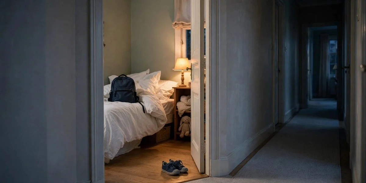 Child's bedroom seen from the hallway with a packed school bag