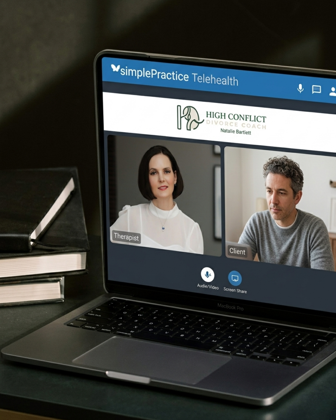 Laptop screen showing a telehealth video call between a therapist and a client, with the logo 'High Conflict Divorce Coach' and the names Natalie Battiatt and their roles.