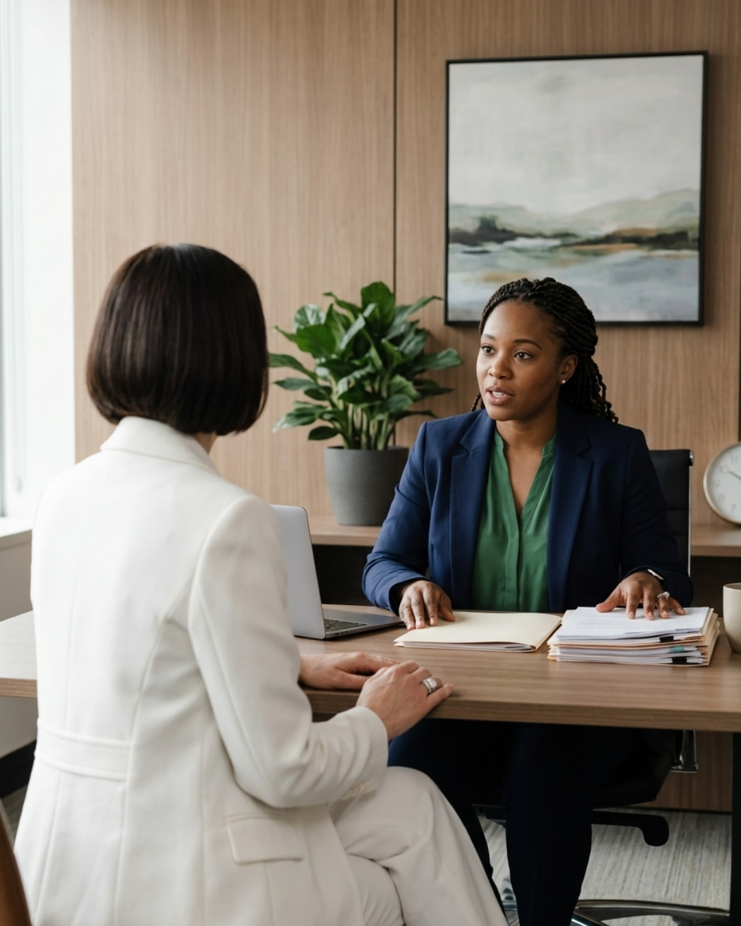 Two women engaged in a conversation in an office with a plant, a framed painting, and a clock in the background.