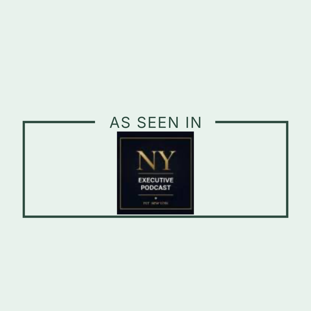 Graphic indicating as seen in NY with a podcast cover titled 'NY Executive Podcast' in the center, on a light background.