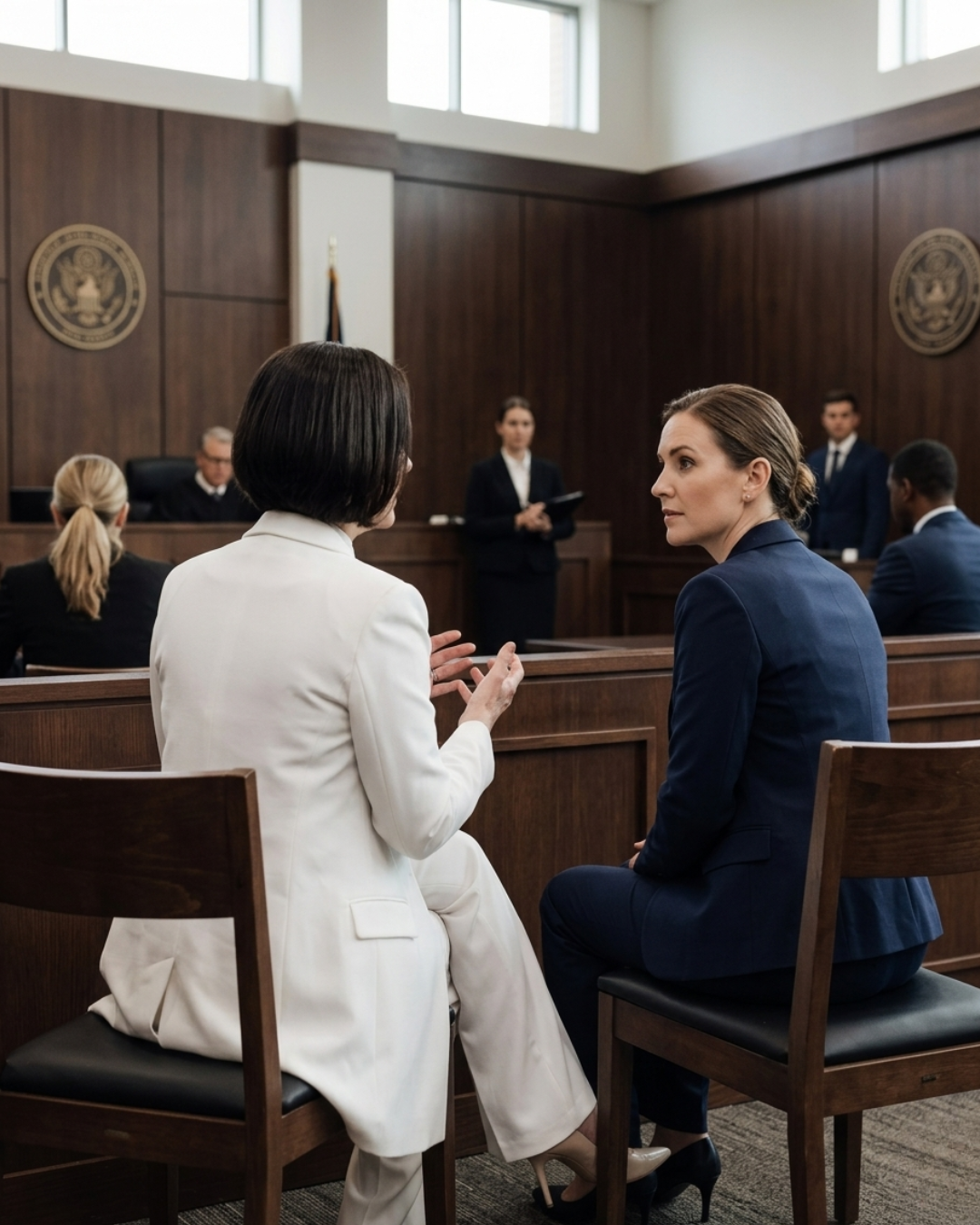 Natalie Bartlett seated beside an attorney in a courtroom during a family court hearing