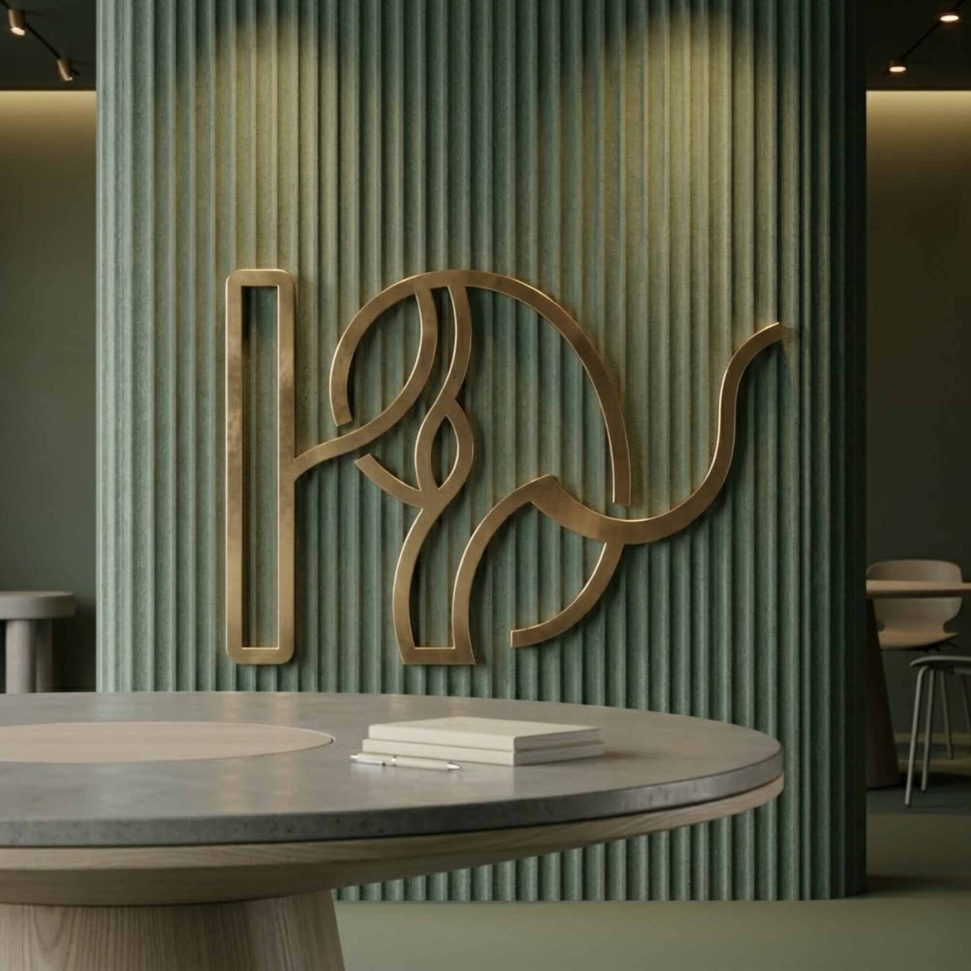 Interior of a modern space with a black and gold decorative wall featuring a geometric design, with a textured green curtain behind it. There is a round table with a light wood finish and a curved edge in the foreground, and some chairs along the edge of the table.