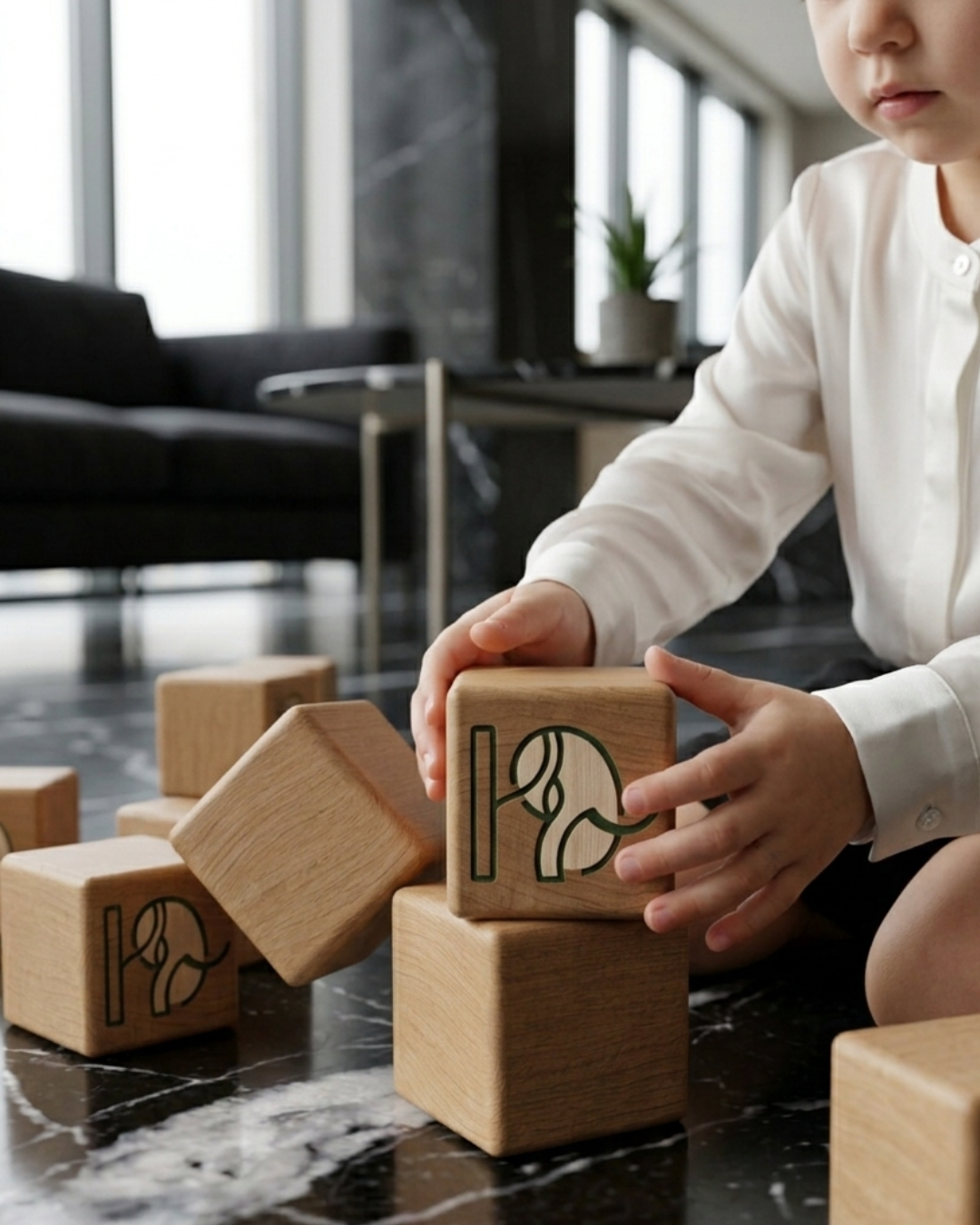 Child playing with wooden blocks featuring a black outline of an elephant, in a modern living room with large windows and a black sofa in the background.