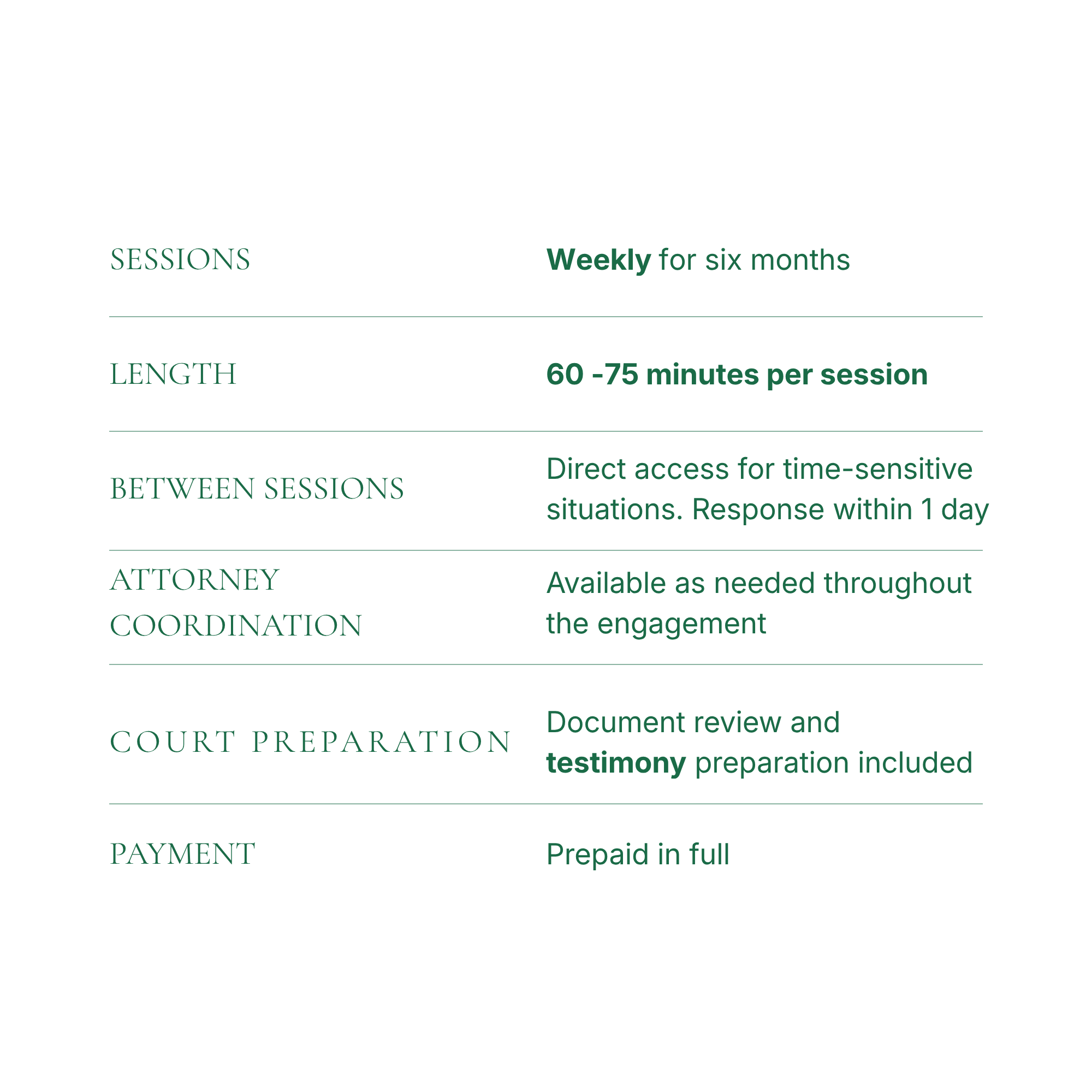 Flowchart outlining steps in a legal process including sessions, length, between sessions, attorney coordination, court preparation, payment, and document review, with instructions for response times and payment methods.