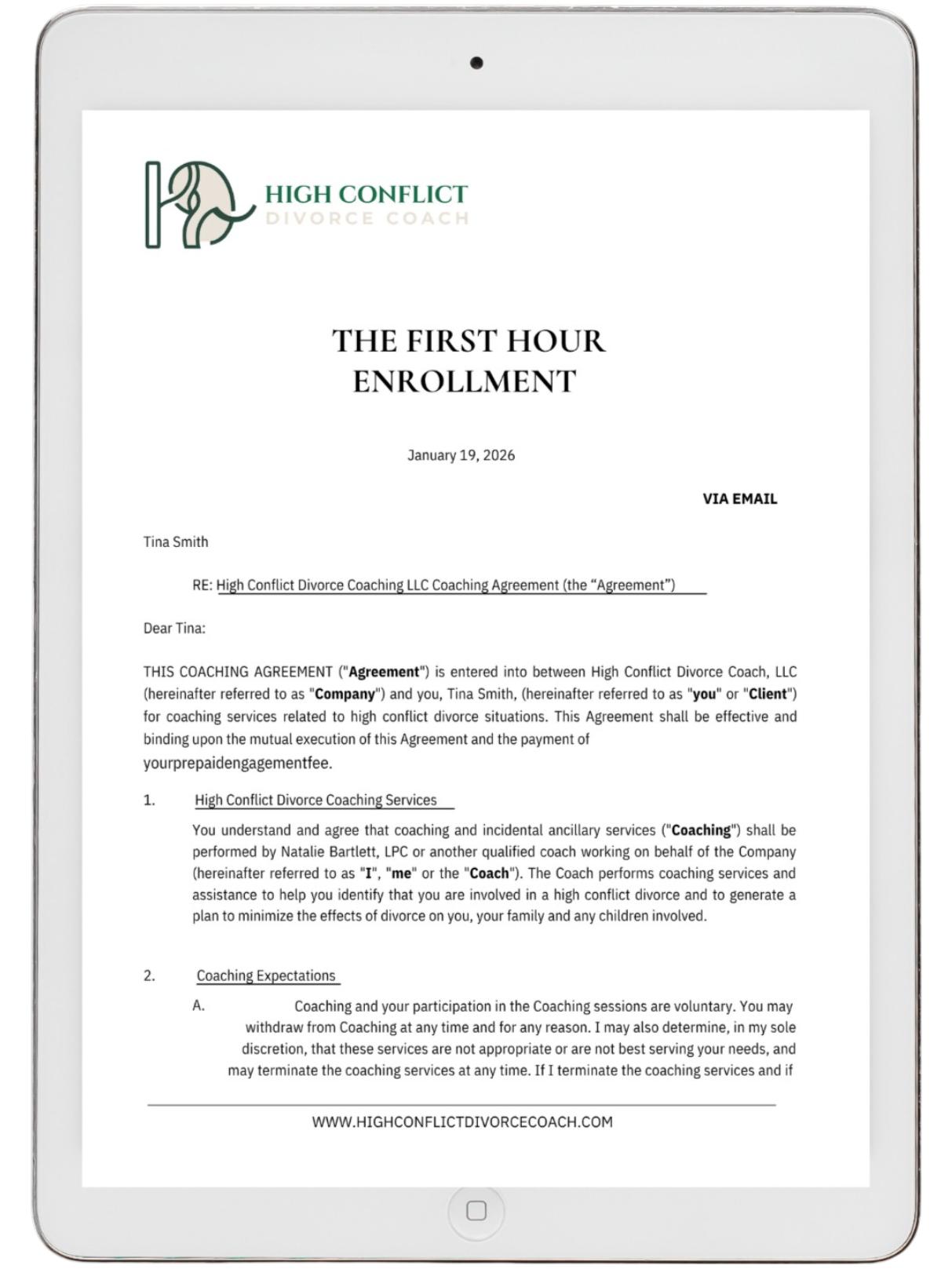 Tablet showing The First Hour enrollment agreement for a single divorce coaching session with High Conflict Divorce Coach