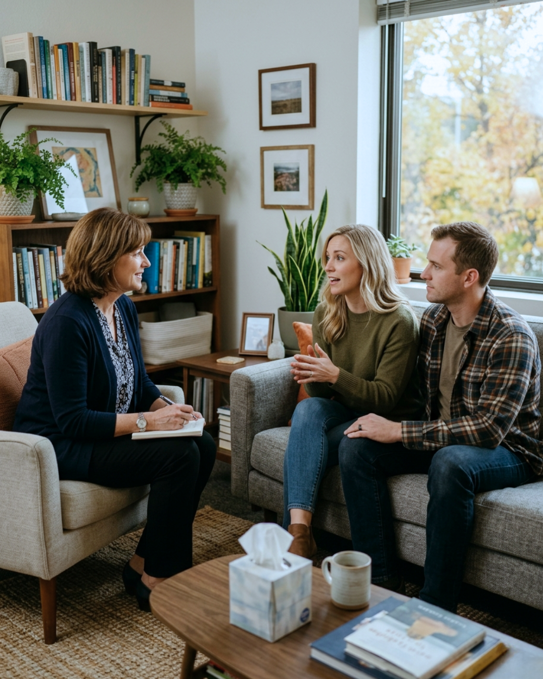 Therapist and two clients having a counseling session in a cozy living room with bookshelves, potted plants, and framed pictures.