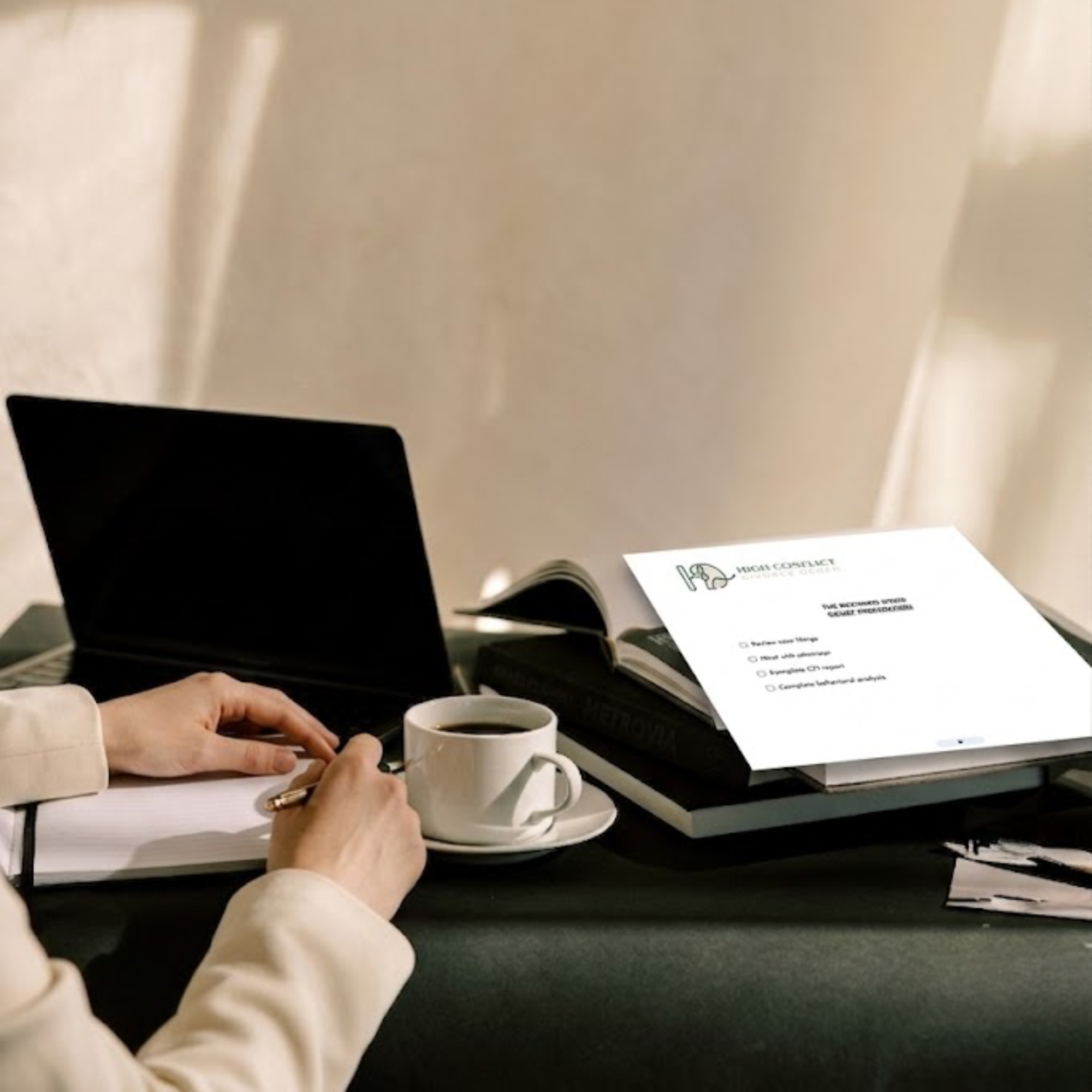 Person sitting at a desk with a white coffee mug, paperwork, and a black folder. There is a computer screen and a set of eye glasses on the desk.