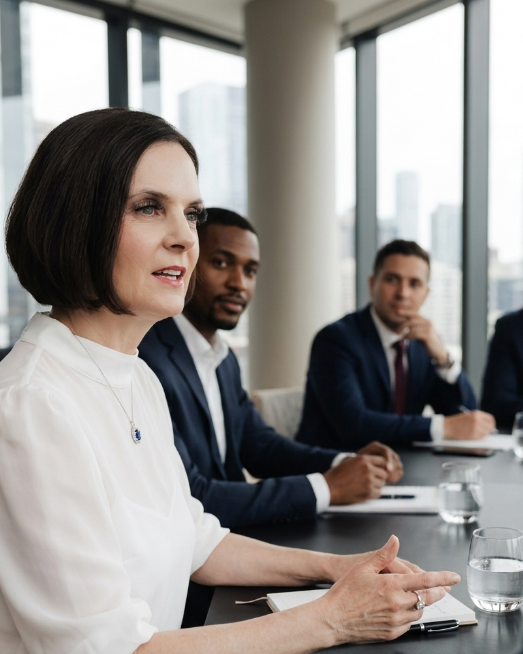 A woman with short dark hair speaking at a business meeting with three men in suits sitting at a table with notebooks and glasses of water.