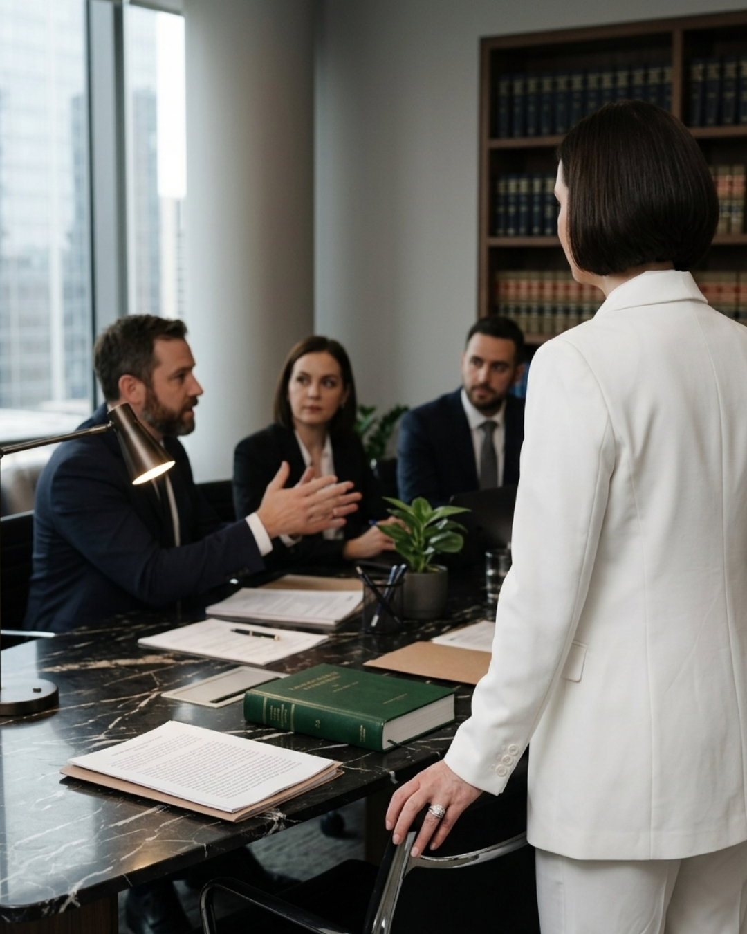 Business meeting with four professionals in a modern office, one woman standing and three seated at a table, discussing and listening.