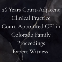 Text listing 26 years of court-adjacent clinical practice, court-appointed CFI in Colorado, family proceedings, and expert witness.