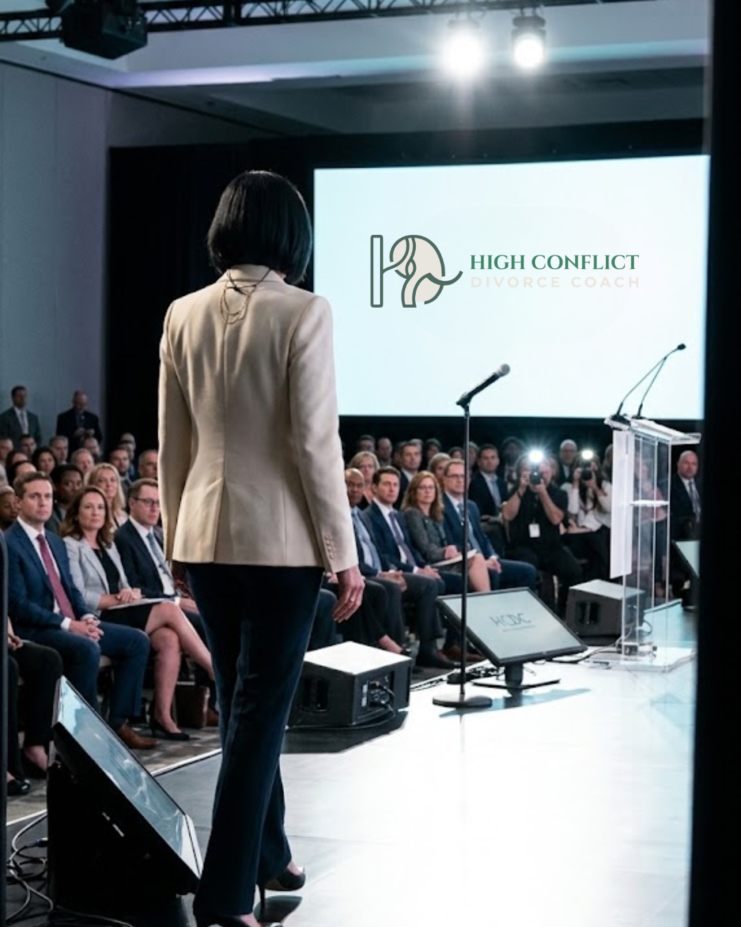 A woman speaking on stage at a conference about high conflict and divorce coaching, with a large audience seated in front of her, and a screen displaying the logo for 'High Conflict Divorce Coach' behind her.