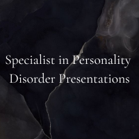 Text reading 'Specialist in Personality Disorder Presentations' on a dark, abstract background.