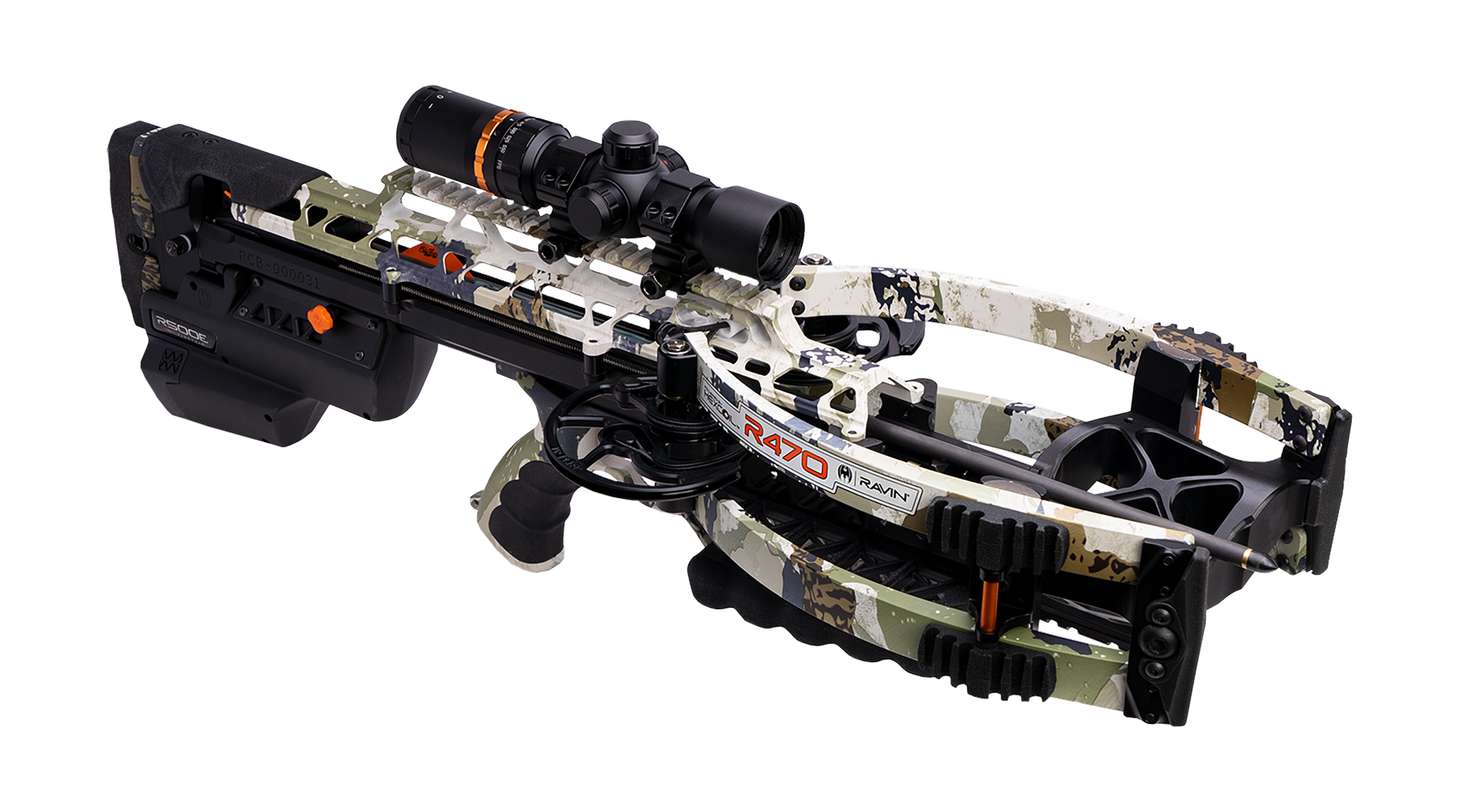 A camouflage-patterned crossbow with a mounted scope aiming device.