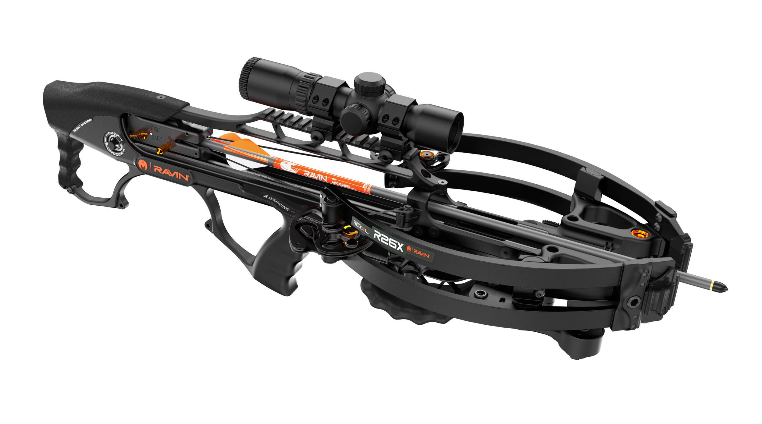A high-performance crossbow with a mounted scope, black frame, and orange accents labeled RAVN.