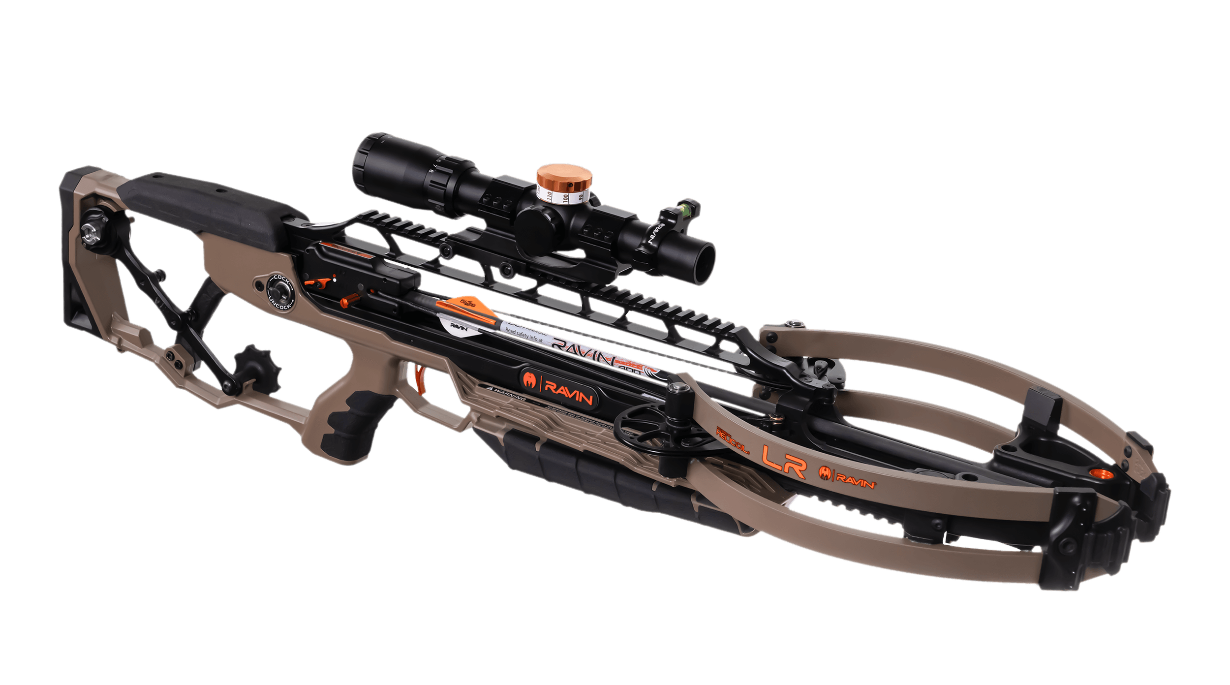 A close-up of a modern hunting crossbow with a scope mounted on top, featuring a tan and black color scheme.