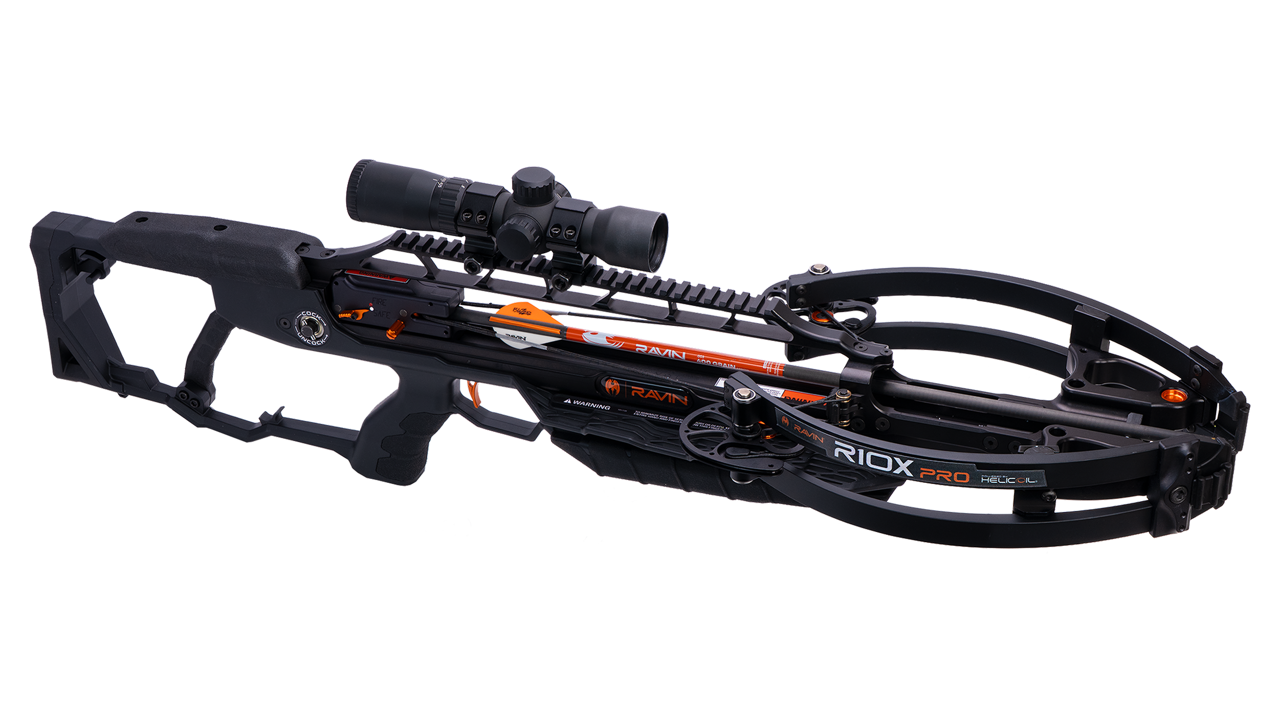 A modern crossbow with a scope mounted on it, featuring a black frame and orange accents, labeled RAVIN RIX PRO.