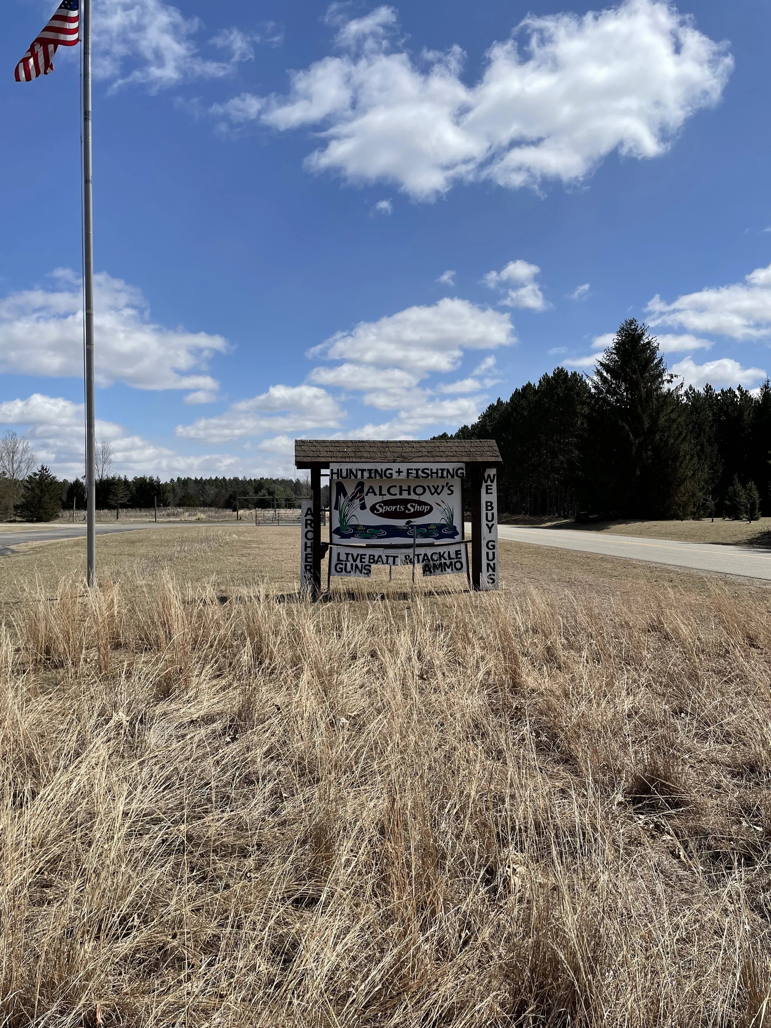 A sign for Alchow's Sports Shop, which sells hunting and fishing supplies, live bait, tackle, guns, and ammunition, situated in an open grassy area with trees, a road, an American flag on a flagpole, and a partly cloudy blue sky.