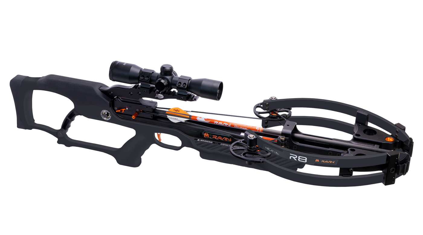 A modern black and orange crossbow with a scope mounted on top.