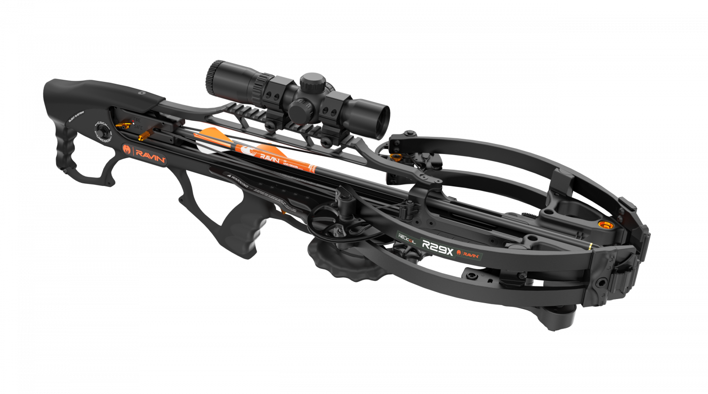 A modern crossbow with a black and orange design, equipped with a scope, labeled 'RAVIN' and 'R29X'.
