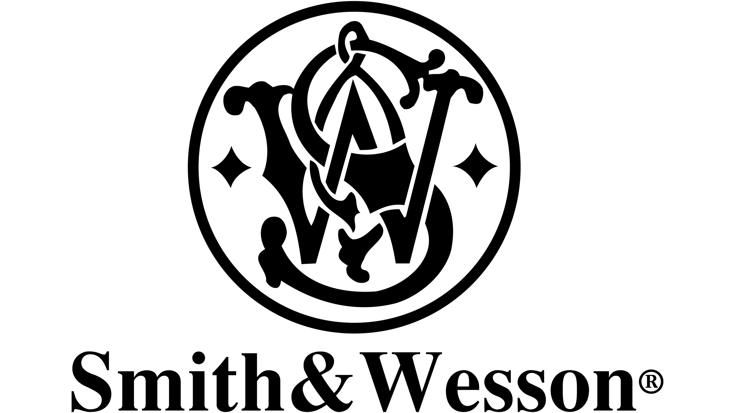 Smith & Wesson logo with a circular emblem featuring a knight's helmet and a sword in the center, and the company's name below.