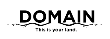 Logo with the word 'DOMAIN' in bold black letters, with wavy lines underneath, and the phrase 'This is your land.' in smaller text.