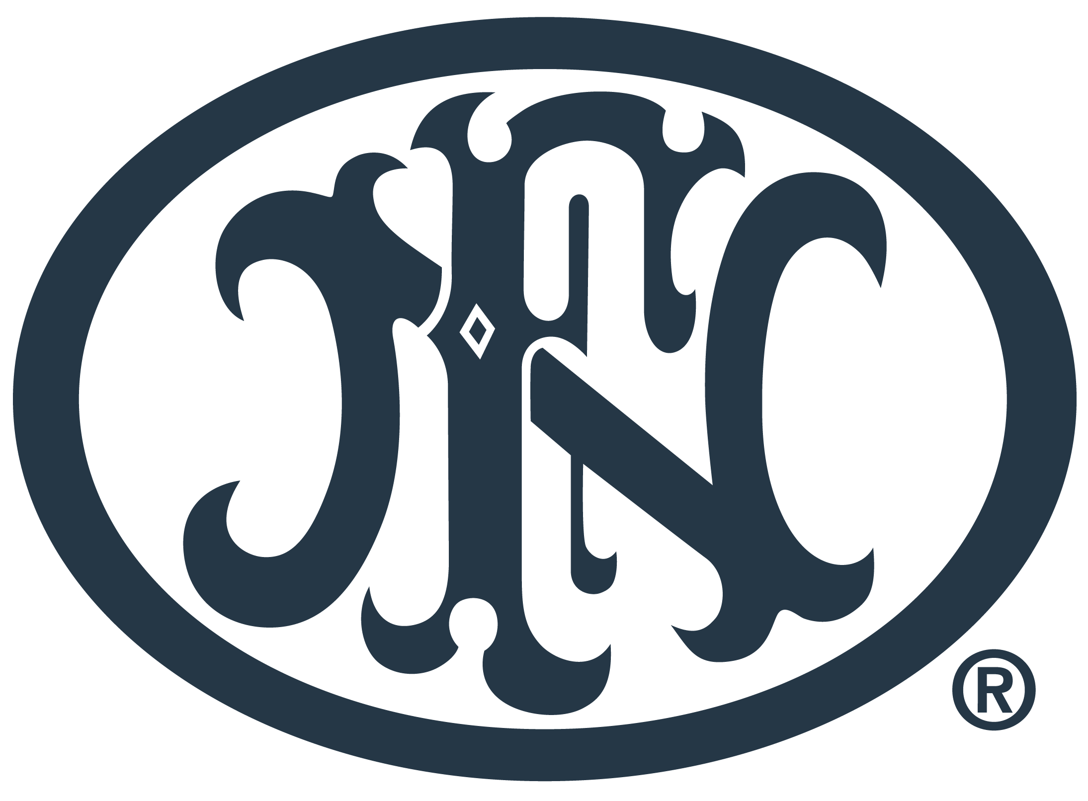 Black circular logo with stylized text inside it and a small letter R trademark symbol in the bottom right corner.