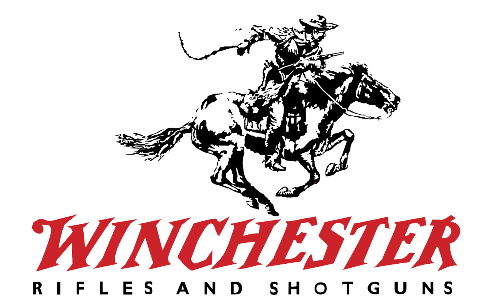 Black background with white outline illustration of a cowboy riding a bucking horse holding a rifle, and red text below reading 'WINCHESTER' with black text underneath that says 'RIFLES AND SHOTGUNS'.