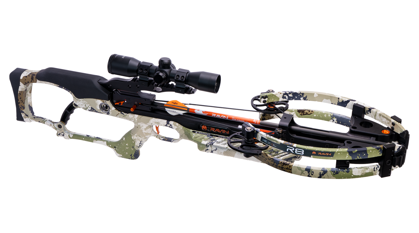 A camouflage-patterned crossbow with a telescopic sight mounted on top.