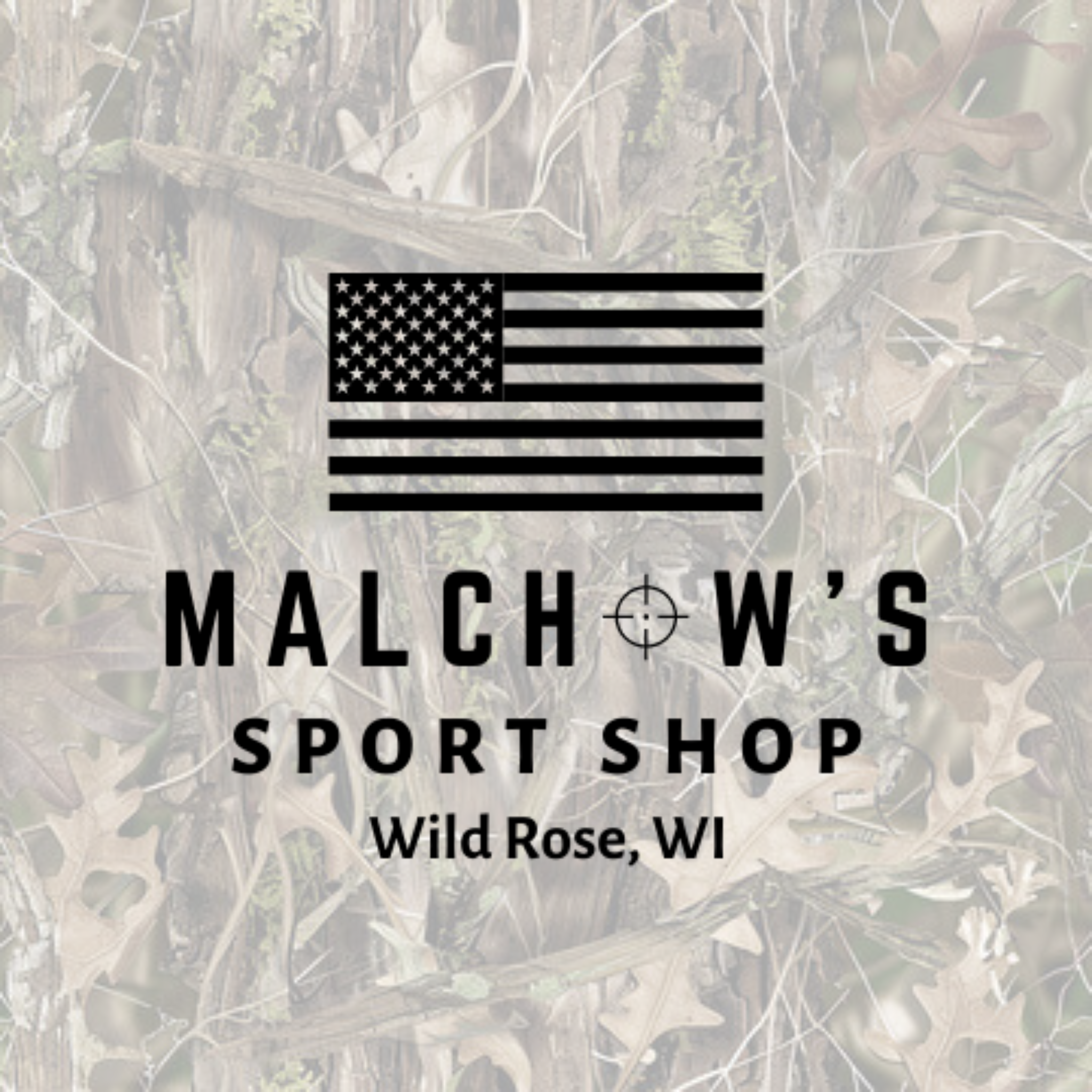 Black and white American flag with text overlay for 'Malcolw's Sport Shop' in a camouflage background.