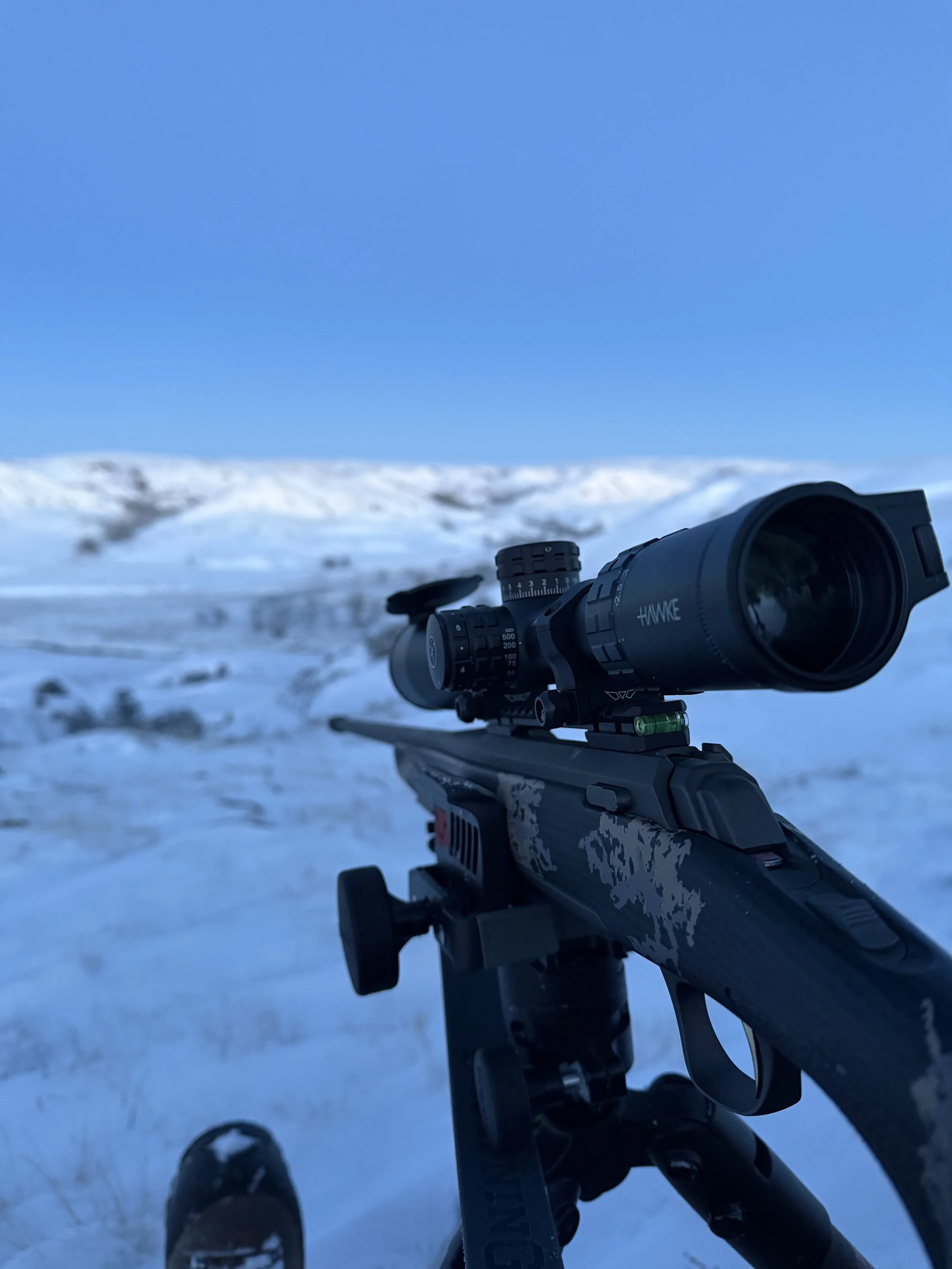 A shot from a mounted rifle scope in a snowy landscape with snow-covered mountains in the background. The photographer is standing on snow, wearing dark boots.