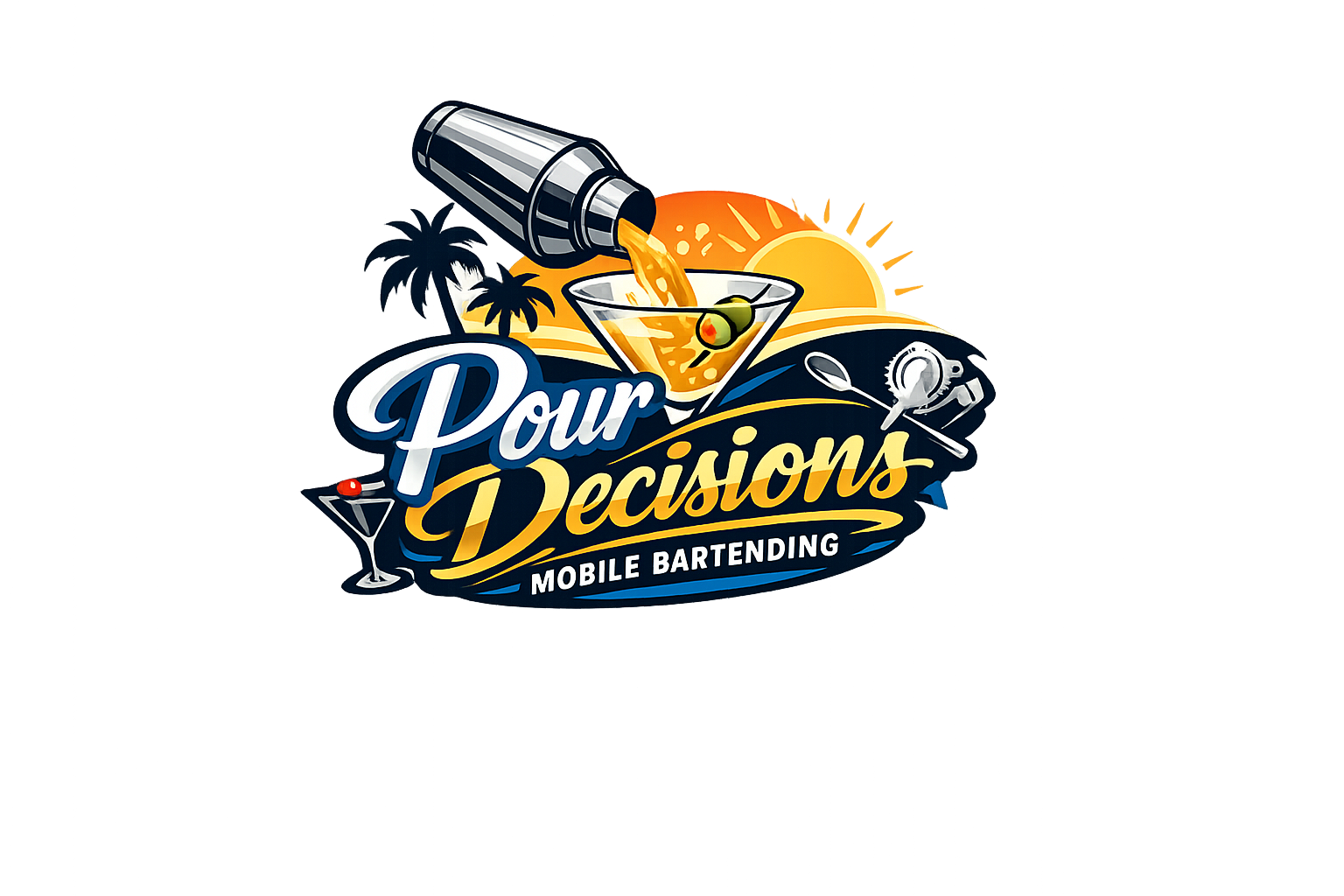 Colorful logo for Pour Decisions Mobile Bartending featuring a cocktail glass with an olive, a martini glass with a cherry, a lime wedge, palm trees, a sunset, a shaker, and a lemon, with stylized text.